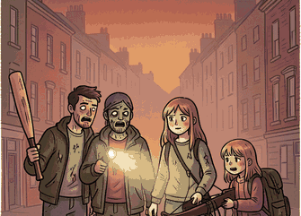 A family of survivors on a dusk street in NW8
